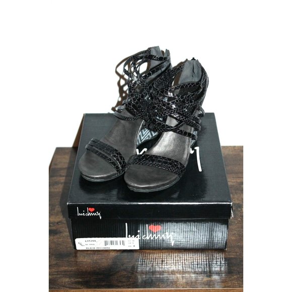 Luichiny Be True Womens Open Toe Wedge Heel Sandals Black Cobra Strappy Sz 8 NEW - Picture 2 of 4